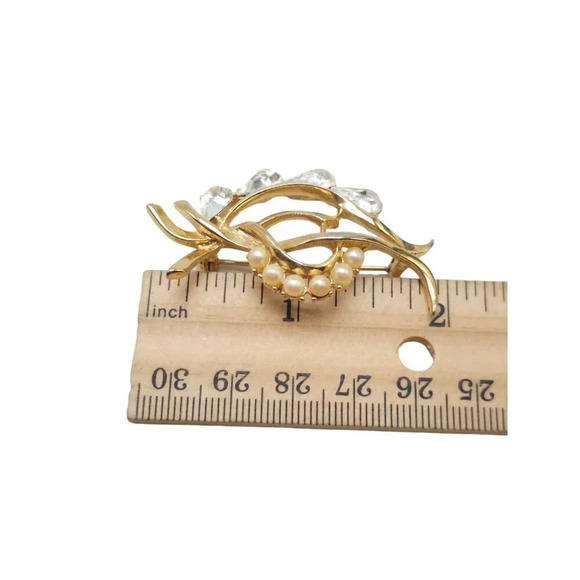 Clear Rhinestone Faux Pearl Beaded Open Leaf Brooch Pin Gold Tone Vintage - Picture 4 of 4